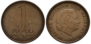 НИДЕРЛАНДЫ 1 ЦЕНТ 1966 KM 180 бронза VG 4181-227