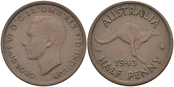 Австралия 1/2 пенни 1943 m, Георг VI (1936-1952), кенгуру KM 41 бронза 4116-342
