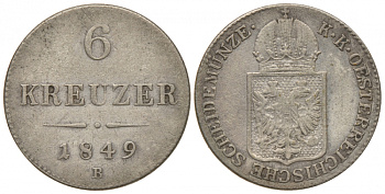 Австрия 6 крейцеров 1849 B, Франц Иосиф I (1848-1916) KM 2200 серебро 413-5215