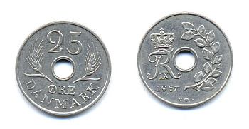 ДАНИЯ 25 ЭРЕ 1967 С; S, ФРЕДЕРИК IX (1947-1972) KM 855.1 медно-никель 51-4433