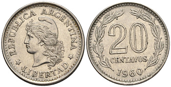 Аргентина 20 сентаво 1960 голова свободы влево KM 55, Schon 55, CJ 266 сталь плакированная никелем    60-955