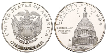 США 1 доллар 1994 S, 200 лет Капитолию KM 253 серебро PROOF 11-263-13