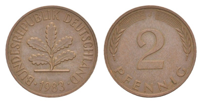 ФРГ 2 пфеннига 1983 J KM 106a, J.381a сталь плакированная медью 4630-1241