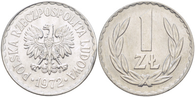 ПОЛЬША 1 ЗЛОТЫЙ 1972 MW KM 49.1, Parchimowicz 213i алюминий UNC 216-822