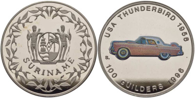Суринам 100 гульденов 1996 США, Thunderbird 1956, эмаль KM 46 медно-никель PROOF 1069-3-44