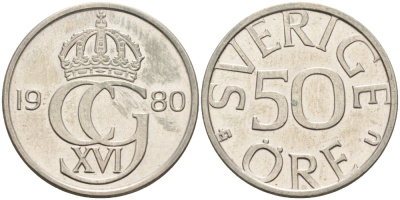 Швеция 50 эре 1980 U, Карл XVI Густав (1973- ) KM 855 медно-никель UNC 4548-631