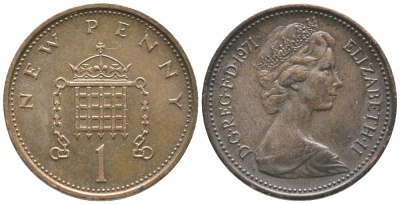 Великобритания 1 пенни 1971 Елизавета II (1952-2022) KM 915, Spink 4237 (B1) бронза 34-232