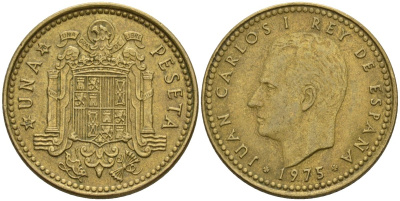 Испания 1 песета 1975 (78) Хуан Карлос I (1975-2014) KM 806 алюминиевая бронза 4604-424