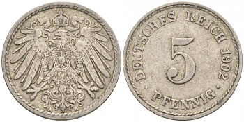ГЕРМАНИЯ 5 ПФЕННИГОВ 1902 A, KM 11, J. 12 медно-никель 73-1563