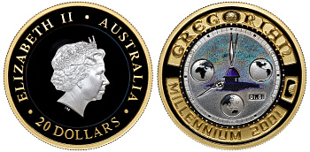 Австралия 20 долларов 2001 миллениум, Стрелки часов, полушария, Гринвичский меридиан, биметалл золото, серебро PROOF 2-5-2-04