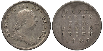Ирландия 10 пенсов 1805 банковский токен, Георг III (1760-1820) KM Tn3 серебро 441-1314