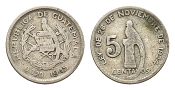 Гватемала 5 сентаво 1945 KM 238 серебро 4668-958