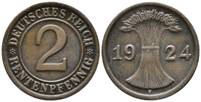 ГЕРМАНИЯ 2 РЕНТЕНПФЕННИГА 1924 F KM 31, J. 307 бронза 24-614
