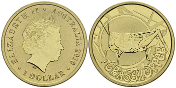 Австралия 1 доллар 2010 серия насекомые, кузнечик KM 1445 алюминиевая бронза UNC M42-13