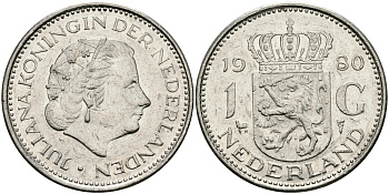 Нидерланды 1 гульден 1980 Юлиана (1948-1980) KM 184а никель 94-654