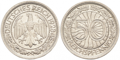 Германия 50 рейхспфеннигов 1928 E KM 49, J.324 никель 73-155
