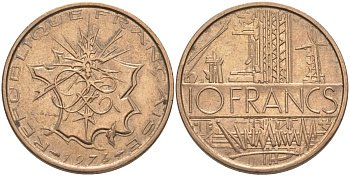 Франция 10 франков 1974 тип Матье KM 940, Le Franc 365.3-4 никель латунь 4394-213