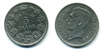 БЕЛЬГИЯ 5 ФРАНКОВ 1931 BELGEN KM 98 никель 86-916