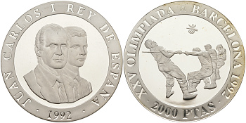 Испания 2000 песет 1992 XXV летние Олимпийские игры 1992 года в Барселоне, перетягивание каната KM 911 серебро PROOF 1091-9-24