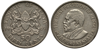 Кения 50 центов 1969 Джомо Кениата KM 13 медно-никель XF- 4390-351