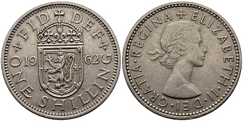 Великобритания 1 шиллинг 1962 Елизавета II (1952-2022), Шотландский герб KM 905, Spink 4148 медно-никель 75-253