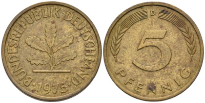 ФРГ 5 ПФЕННИГОВ 1975 D KM 107, J.382 сталь плакированная латунью 4567-869