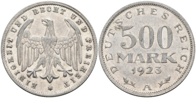 Германия 500 марок 1923 А KM 36, J.305 алюминий 4574-914