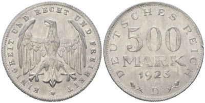 Германия 500 марок 1923 D KM 36 алюминий aUNC 33-617