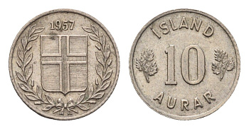 Исландия 10 эйре 1957 KM 10 медно-никель aUNC 4696-257