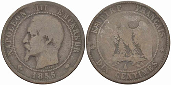 ФРАНЦИЯ 10 САНТИМОВ 1855 A, НАПОЛЕОН III (1852-1870) KM 771.1, LE FRANC 133.19 бронза 38-1133