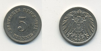Германия 5 пфеннигов 1911 A KM 11, J. 12, Weege 6 медно-никель 25-826