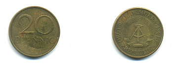 ГДР 20 пфеннигов 1969 А, первый год KM 11 латунь 56-633