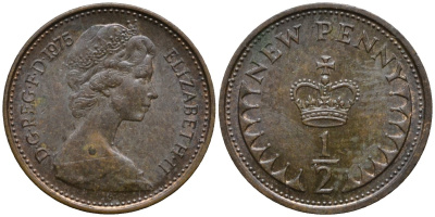 Великобритания 1/2 пенни 1975 Елизавета II (1952-2022) KM 914, Spink 4239 бронза 4181-1148