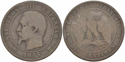 ФРАНЦИЯ 10 САНТИМОВ 1855 A, НАПОЛЕОН III (1852-1870) KM 771.1, LE FRANC 133.19 бронза 38-1133