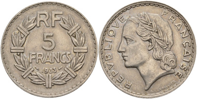 Франция 5 франков 1933 KM 888 никель 4144-346