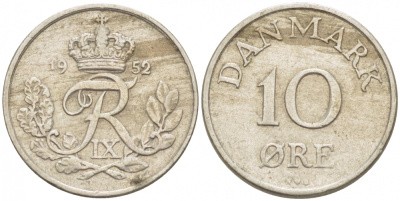 ДАНИЯ 10 ЭРЕ 1952 N; S, ФРЕДЕРИК IX (1947-1972) KM 841.1 медно-никель 3309-617