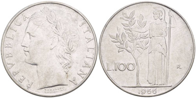 ИТАЛИЯ 100 ЛИР 1966 R, АФИНА У ОЛИВКОВОГО ДЕРЕВА KM 96.1 нержавеющая сталь 4545-635