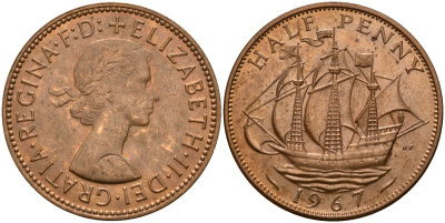 Великобритания 1/2 пенни 1967 Елизавета II (1952-2022) KM 896, Spink 4158 бронза UNC 4156-513