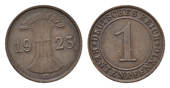 Германия 1 рентенпфенниг 1923 G KM 30, J. 306 бронза 4696-556