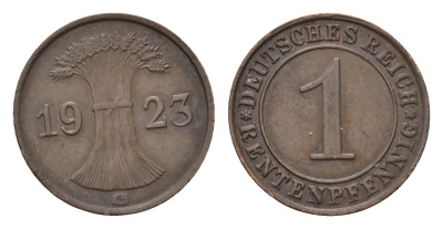 Германия 1 рентенпфенниг 1923 G KM 30, J. 306 бронза 4696-556