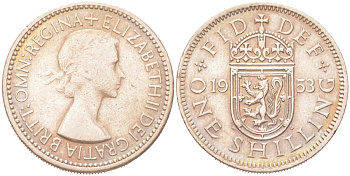 Великобритания 1 шиллинг 1953 Елизавета II (1952-2022), Шотландский герб KM?891, Spink?4140 медно-никель 4128-611