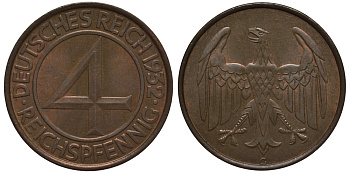 Германия 4 рейхспфеннига 1932 G KM 75, J. 315 медь 1525-314