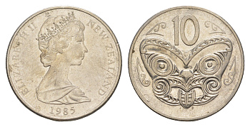 Новая Зеландия 10 центов 1985 Елизавета II (1952-2022), маска маори KM 41 медно-никель 4652-647
