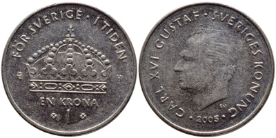 Швеция 1 крона 2005 Карл XVI Густав (1973- ) KM 894 медно-никель 93-533