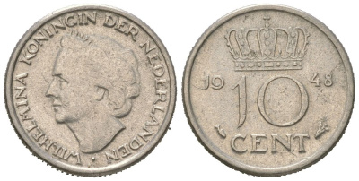 Нидерланды 10 центов 1948 Вильгельмина (1895-1948) KM 177 никель 4174-816