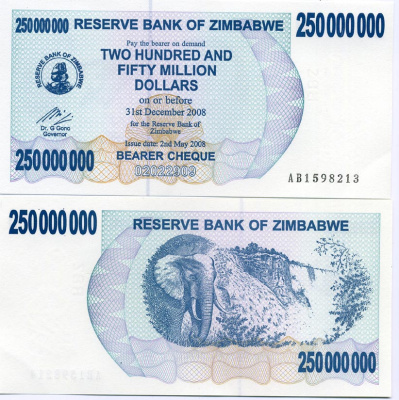 Зимбабве 250000000 долларов 2008 31 декабря 2008, слон, водопад Виктория Pick 59 бумага UNC (пресс) 448-53-1