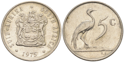 ЮАР 5 центов 1975 герб, райский журавль KM 84 никель 4115-212