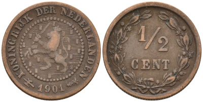 Нидерланды 1/2 цента 1901 Вильгельмина (1890-1948) KM 109 бронза 4576-318