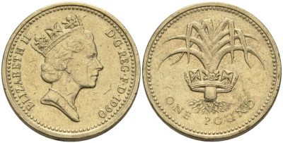 Англия 1 фунт 1990 дизайн Уэльса KM 941, Spink 4331 никель латунь 88-442