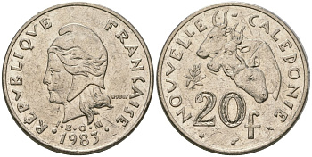 Французская Новая Каледония 20 франков 1983 три быка, (IEOM) KM 12, Schoen 14, Lec 111 никель 4120-734